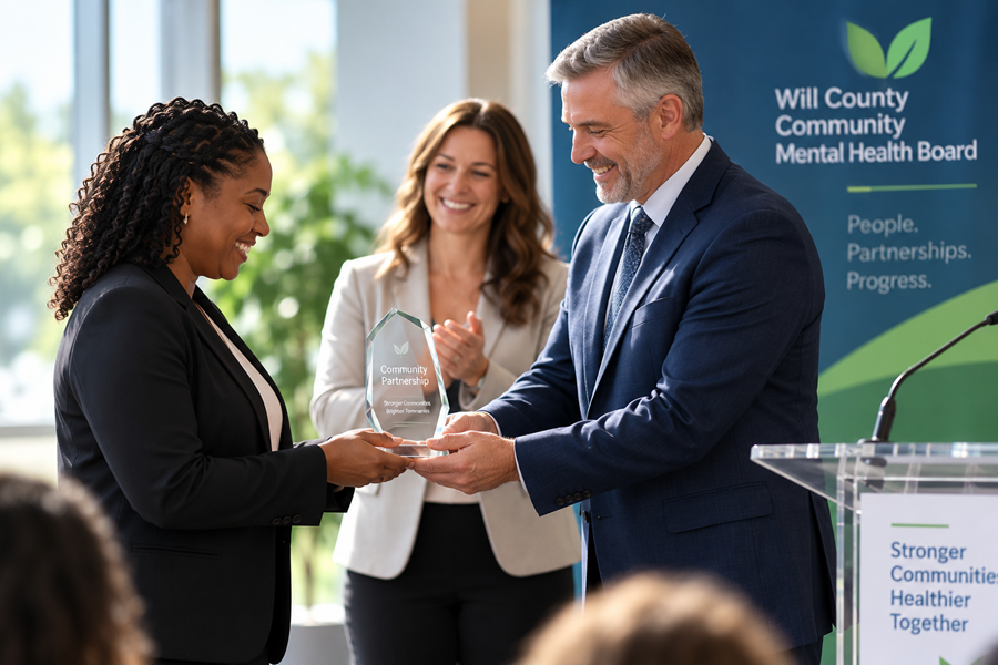 Man handing grand award to someone